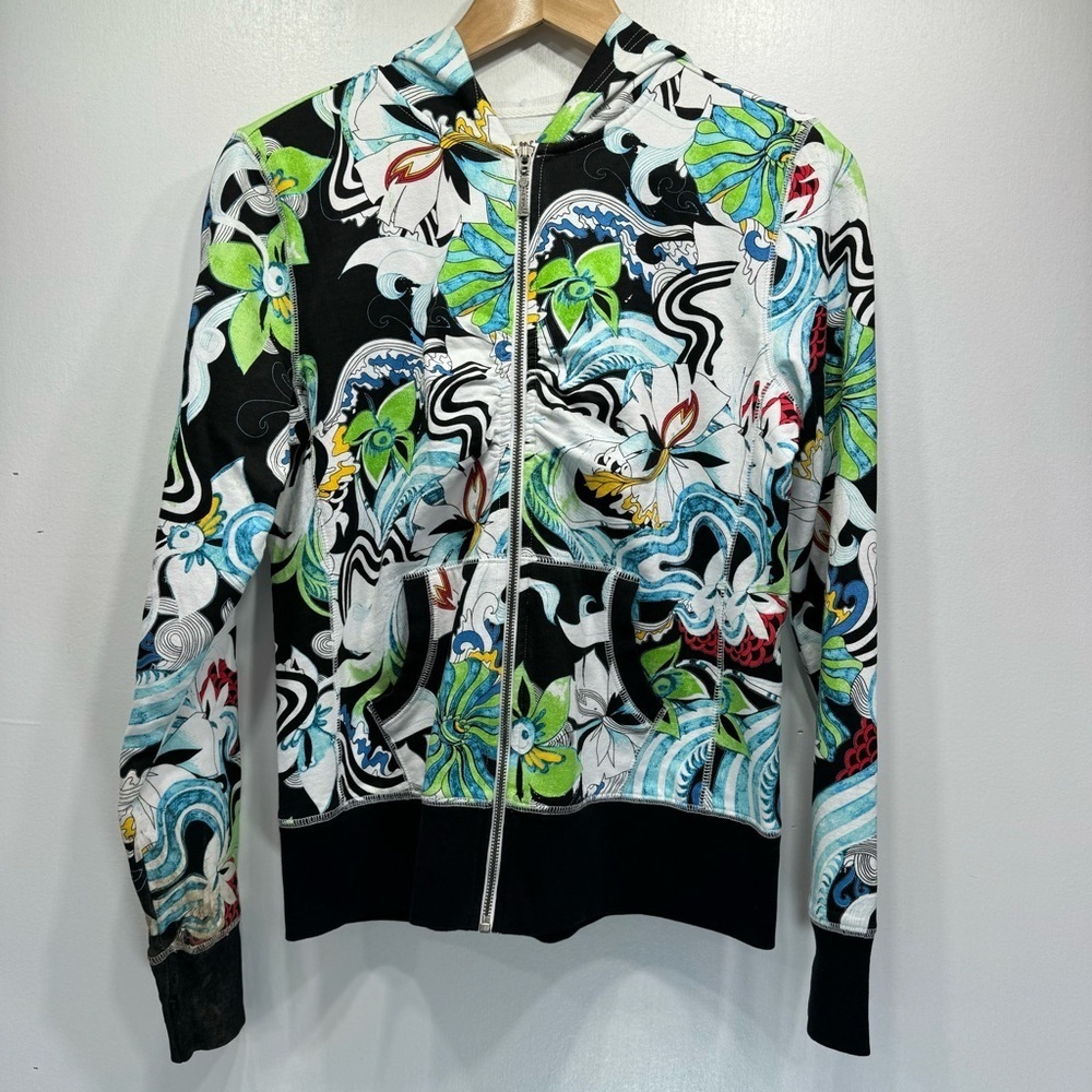 One World Special Issue Y2K 100% Cotton Bold Colorful Floral Print Zip Up Hoodie - Picture 6 of 11